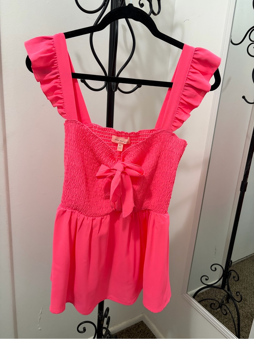 Rose and Gray Hot Pink Smocked Tie-Front Dress